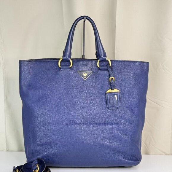 Prada Navy Blue Leathe Convertible Shopper Tote - Picture 1 of 9